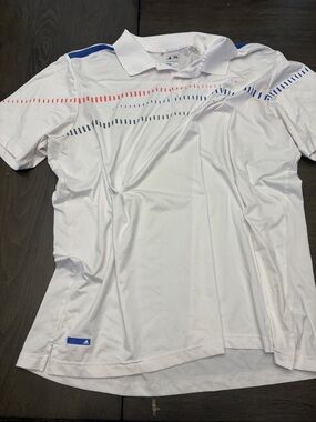 adidas White Polo with Blue & Red Stripe Accents
